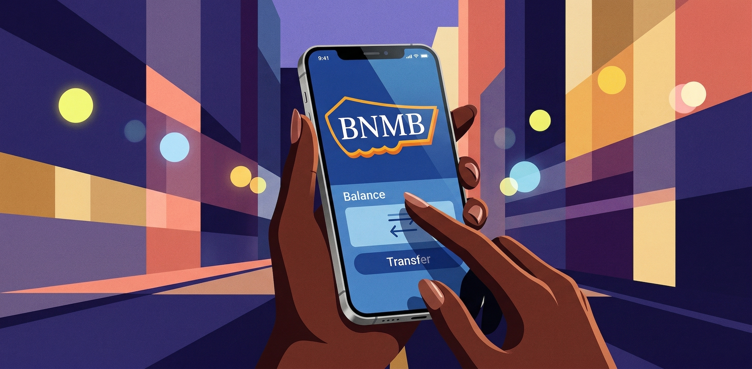 BNMB mobile app interface on a smartphone